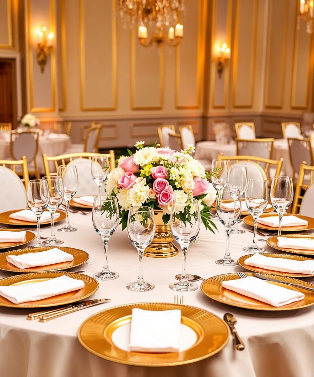 Table dressée avec assiettes dorées